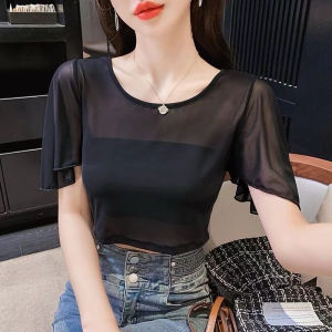 Elegant Black Sunshade Shirt Womens Fashionable Tulle Ice Silk Outerwear Spring 2024 Original Design Short Sleeve round Neck