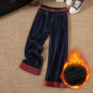 Deep Blue High Waist Wide Leg Fleece Lined Denim Jeans Womens Autumn Winter Loose Fit Hip Covering Small Size Straight Leg Pants