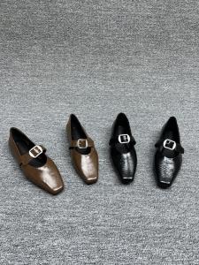Mary Jane Flat Heel Shoes Womens Leather Low Block Heel Buckle Closure Small Square Head Fashionable Casual Footwear