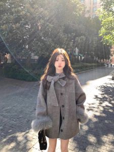 Bows Double-Sided Woolen Coat Womens Fall and Winter Korean Style Fancy Thickened Heattech Super Nice Woolen Cape Coat
