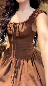 MK_Đầm công chúa mặc hè đầm tiểu thư xinh đầm nàng thơ chất Đũi cổ vuông tay kiểu buộc dây co dãn tùng bồng siêu cưng