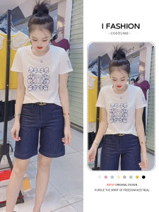 Korean Style round Neck Short Sleeve T-Shirt Casual Pure Cotton Printed Short Length Womens Top Commute Fashion Summer Wear