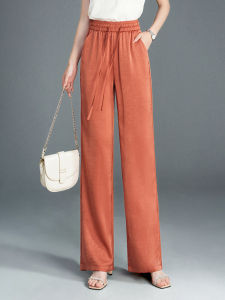 กางเกงขายาวทรงตรงผ้าไหมน้ำแข็งสำหรับผู้หญิง กางเกงขายาวทรงหลวมเอวสูง ทรงสลิมฟิต ทรงหลวม สไตล์เกาหลี ฤดูร้อน 2024