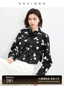 Qiaowen 100% Pure Cotton Casual Fashion Print Womens Shirt Spring 2025 Short Style Top Loose Fit Regular Sleeve Long Collar