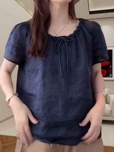 ฤดูร้อน ผู้หญิง เสื้อเชิ้ตแขนสั้น ลำลอง คอกลมสานบาง หลวม พรางหุ่น ระบายอากาศได้ดี สีล้วน หลากหลาย ใส่สบาย เสื้อท่อนบน