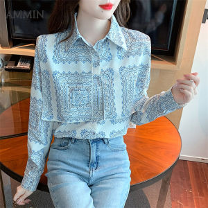 AMMIN French new womens long-sleeved design sense niche fashion retro romantic cape style printed shirt