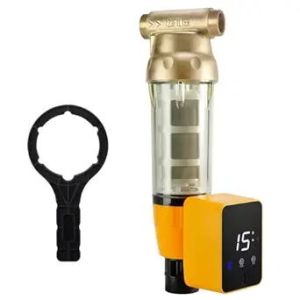 iSpring WSP50ARB Spin Down Sediment Water Filter Reusable With Touch-Screen Auto Flushing Module And Built-in Housing Scraper Brass Top Clear Housing Pre-Filter 50 Micron