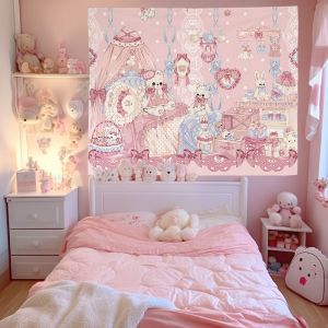 VIKAMA Retro Hoạt Hình Thảm Gấu Cừu Treo Tường Nghệ Thuật Chúc Ngủ Ngon Đồ Ngủ Chủ Đề Phòng Khách Nền Trang Trí Polyester