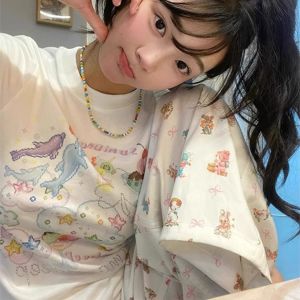 Áo Thun Cotton Tay Ngắn Dáng Ôm Mùa Hè in Họa Tiết Hoạt Hình Phong Cách Mỹ Cổ Tròn Thường Ngày Cho Nữ