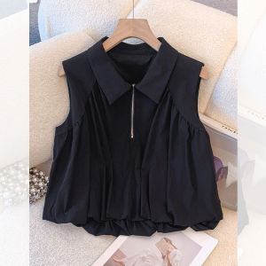 เสื้อเชิ้ตแขนกุดสีขาวสไตล์ฝรั่งเศส สำหรับผู้หญิง ฤดูร้อน 2025 เสื้อเชิ้ตคอปกสั้นแบบมีซิปครึ่งตัว ทรงเข้ารูป สวมใส่สบาย