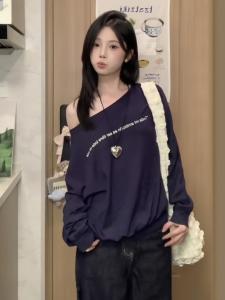 Korean American Style Printed One Shoulder Long Sleeve Sweatshirt Womens Autumn Lazy Design Unique Versatile Top