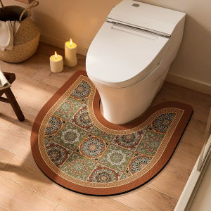 VIKAMA New Chinese Style Toilet U-Shaped Floor Mat Non-Slip Absorbent Soft Bath Mat Easy Care Washable for Bathroom Home Decor