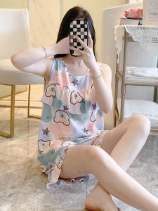 Summer Thin Cotton Silk Sleepwear Shorts Womens Sleeveless Home Clothes Anti-Bulge Sweet Outfit Cotton Silk Set