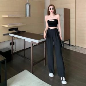 Quần tây nữ ống rộng dài 100cm lưng cao cạp lệch túi nắp trước kèm khuy quần công sở phong cách