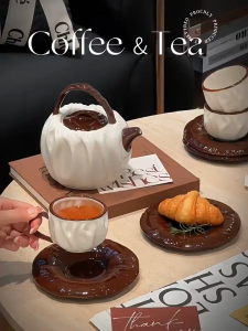 French retro pleated ceramic tea set for home use light luxury and high-end water fixtures wedding gift