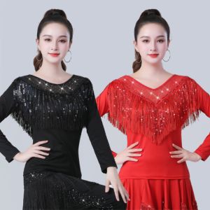 New Autumn And Winter Womens Square Dance Latin Dance Modern Dance Top Ballroom Dance Dress Tassel Sailor Dance Long Sleeved Top