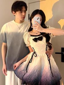 Váy Ngắn Tay Cạp Cao Mùa Hè 2023 Thiết Kế Ngọt Ngào Màu Sắc Chuyển Biến Cho Cặp Đôi Váy Ngắn Xếp Ly Cotton Polyester