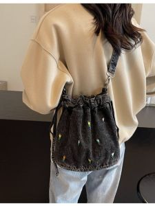 Fashionable Drawstring Bucket Bag Womens Denim Crossbody Bag Versatile Shoulder Bag Commute Casual Simple Style mid Size