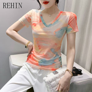 REHIN Summer fashion mesh printed positioning floral print short-sleeved T-shirt V-neck slim fit S-3XL trendy Womens top