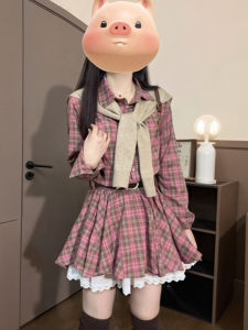 XUECAIQI | Spring Summer Korean Style Young Looking Pink Check Shirt Dress