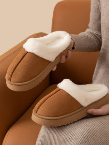 รองเท้าแตะผ้าฝ้ายแบบสวมสำหรับผู้หญิงและเด็ก ฤดูใบไม้ร่วง/ฤดูหนาว 2024 รองเท้าแตะสำหรับกลางแจ้งในบ้านกันลื่น อบอุ่น ขนแกะ พื้นยาง
