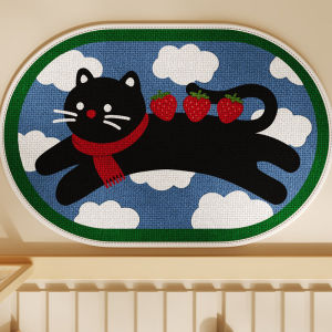 VIKAMA Oval Bath Mat Cute Black Cat With Scarf Strawberry Cloud Print Non‑Slip Absorbent Rug for Bathroom Shower Decor