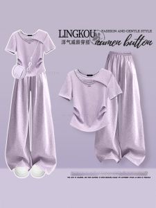 NUMEN BUTTON | Bộ Đồ Hè Elegent Oversized Màu Tím Áo Thun Dây Kéo Quần Suông Ống Rộng 2 Món