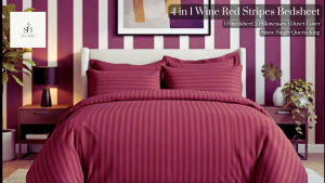 SevHome Hotel Quality 4 in 1 Wine Red Plain Stripes Bedsheet Sets | Cotton 400 Thread Count | Beddings Bed sheet set with 1 Fitted Sheet with Garter 1 Duvet Comforter Quilt Cover 2 Pillow case | Size Single Double Queen King
