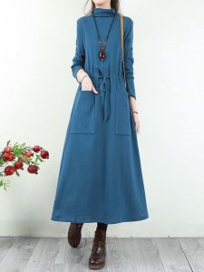 Retro Artistic Pure Cotton Womens Thickened Spring Autumn Slimming Semi-high Collar Long Dress Loose Long Base Shirt