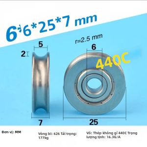 6*25*7mm Loại U Rãnh Dây Thép Không Gỉ Dây Ròng Rọc Bánh Xe Chịu Lực Con Lăn Chống Gỉ Chống Nước Để Tăng Độ Bền