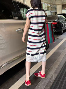 Shalldoer | Váy dài xếp ly ren màu khối thời trang mùa hè cho nữ Váy chữ A cổ tròn tay ngắn dáng ôm vừa vặn