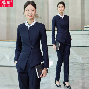 ชุดทำงานต้อนรับโรงแรมมีออร่าสไตล์จีนแบบใหม่ชุดยูนิฟอร์มพนักงานร้านอาหารแขนยาวสำหรับฤดูใบไม้ร่วงและฤดูหนาว