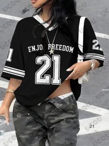 Áo Thun Nữ Cổ Chữ V Phong Cách Retro Mùa Hè Enjoy Freedom No.21 In Hình Y2K Kiểu Dáng Rộng Chất Liệu Polyester Tay Ngắn Phong Cách Thể Thao Bóng Đá.