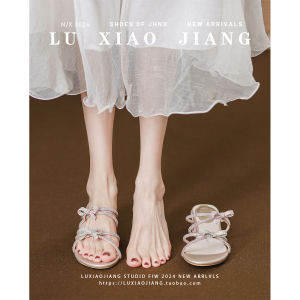 Sheepskin Version Fairy Tale Butterfly Knot Sandals Women Summer Outdoor Wear with Skirts Thick Heel Diamond Studded Slippers