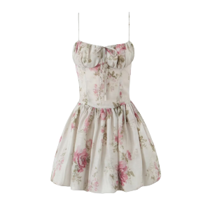 Ma/Gray Green Bottom Pink Rose Sweet French Retro Oil Painting Print Princess Bud Skirt Mini Sling Dress