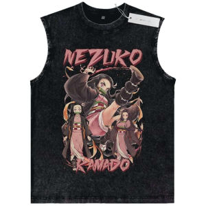 Bandai | 2026 Summer Mens Black Washed Tank Top Demon Slayer Nezuko Kamado Action Pose High - Quality Soft Fabric for Fitness Casual
