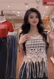 💥[A485] Áo LƯỚI len dệt kim Ô VUÔNG PHỐI LÁ VÀ TUA không tay thời trang mùa hè đi biển xinh xắn - L2M