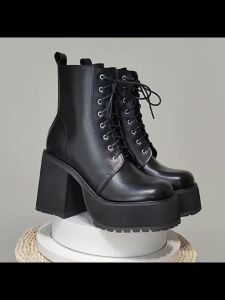 Size 35-40 Womens Fashion Mid Top Boots British School Student Shoes Thick Heeled Motorcycle Boots
