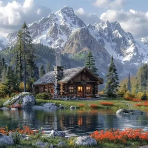 500 1024pcs Jigsaw Puzzle Paper House Landscape with Flowing River and Snowy Mountain Scene for Adults Family Brain Teaser Gift