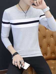 Mens Slim Fit Long Sleeve round Neck T-Shirt Pure Cotton Spring Autumn High End Solid Color Base Shirt Trendy Base Layer Top