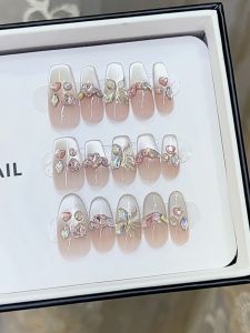 Colorful Butterfly Nail Tips with Sparkling Crystals Fake Nails Glass Beads Manicure Wearable Nail Art Gentle Color Series