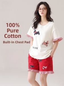 Miiow | Pure Cotton Summer Sleepwear Womens Short Sleeve Shorts Home Clothes Set Lotus Edge Sweet Style Comfortable Breathable Thin