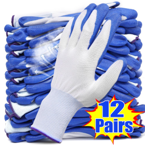 12/24pairs Full Elastic Polyester Nitrile Grip Rubber Gloves / Nylon Spandex Safety Hand Work Gloves / Anti-slip Wear Garden Gloves / Protective Safety Gloves