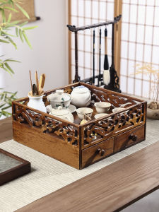 Traditional Chinese Style Solid Wood Tea Cup Storage Box Display Shelf Tea Set Organizer Tea Table Tray All-In-One Solution