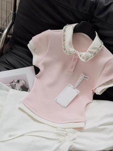 Handpicked Boutique Pink Diamond Embellished Short Sleeve Doll Collar Top Fake Two-Piece Design Womens T-Shirt Summer Fashion