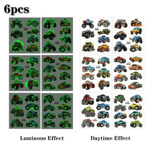 6 Sheets Luminous Tattoo Stickers Monster Truck Temporary Tattoos Glowing In the Dark Fake Tattoo Cartoon Car Tattoo For Boys