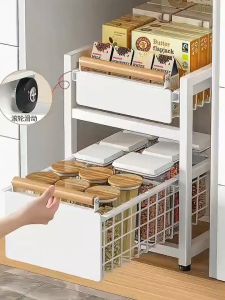 Bathroom Storage Rack With Pull-out Basket Layered Shelves Carbon Steel Under Sink Shelf Seasoning Bottle Kitchen Storage Racks