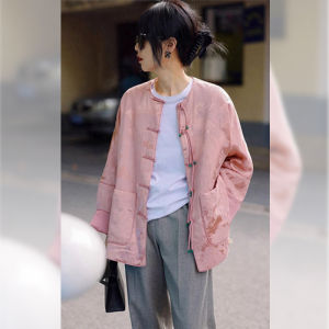 New 2025 Womens Cotton Jacket Pink Button up Chinese Style Traditional Clothing Outerwear Fashionable Small Size Autumn Winter