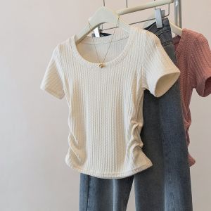 French Folded Short Sleeve T-Shirt Women Summer plus Size Slimming Waist Chiffon Top Belly Concealing Meat Covering