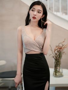 ชุดราตรียาวเซ็กซี่ 2025 ชุดราตรีสีลูกกวาดแขนกุดคอวีลึก กระโปรงทรงเอ ชุดทำงาน KTV ชุดราตรียาวปานกลาง